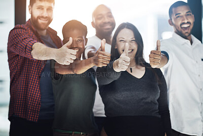 Buy stock photo Business people, portrait and thumbs up for diversity in office, teamwork and pride for company win. Employees, like emoji and solidarity or motivation for approval, collaboration and agreement