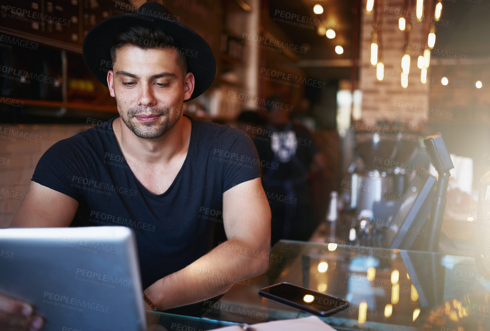 Buy stock photo Laptop, man and coffee shop with writer working and freelancer on web article or blog. Smile, restaurant and tech with copywriting and morning with remote job at cafe with internet and notebook