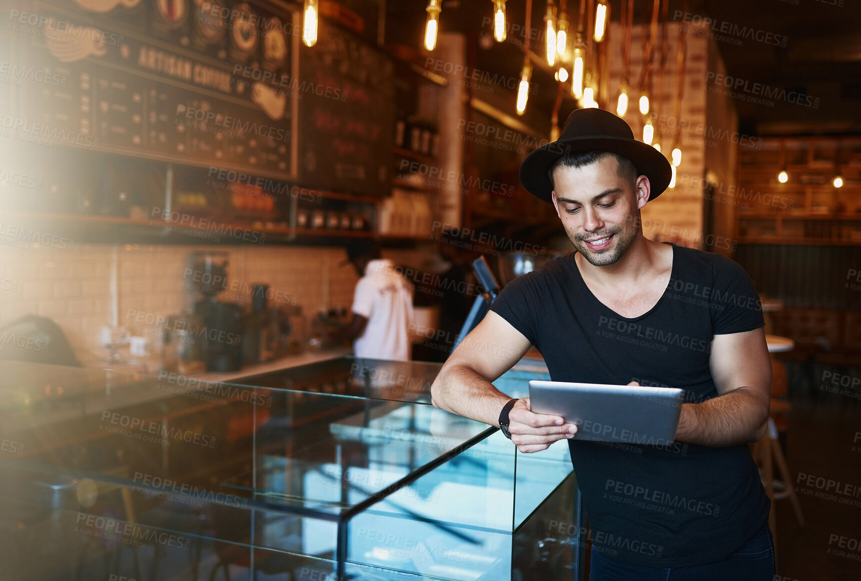 Buy stock photo Tablet, man and coffee shop with creative job and digital freelancer planning a social media post or blog. Smile, restaurant and tech with happy writer with remote work at cafe with internet