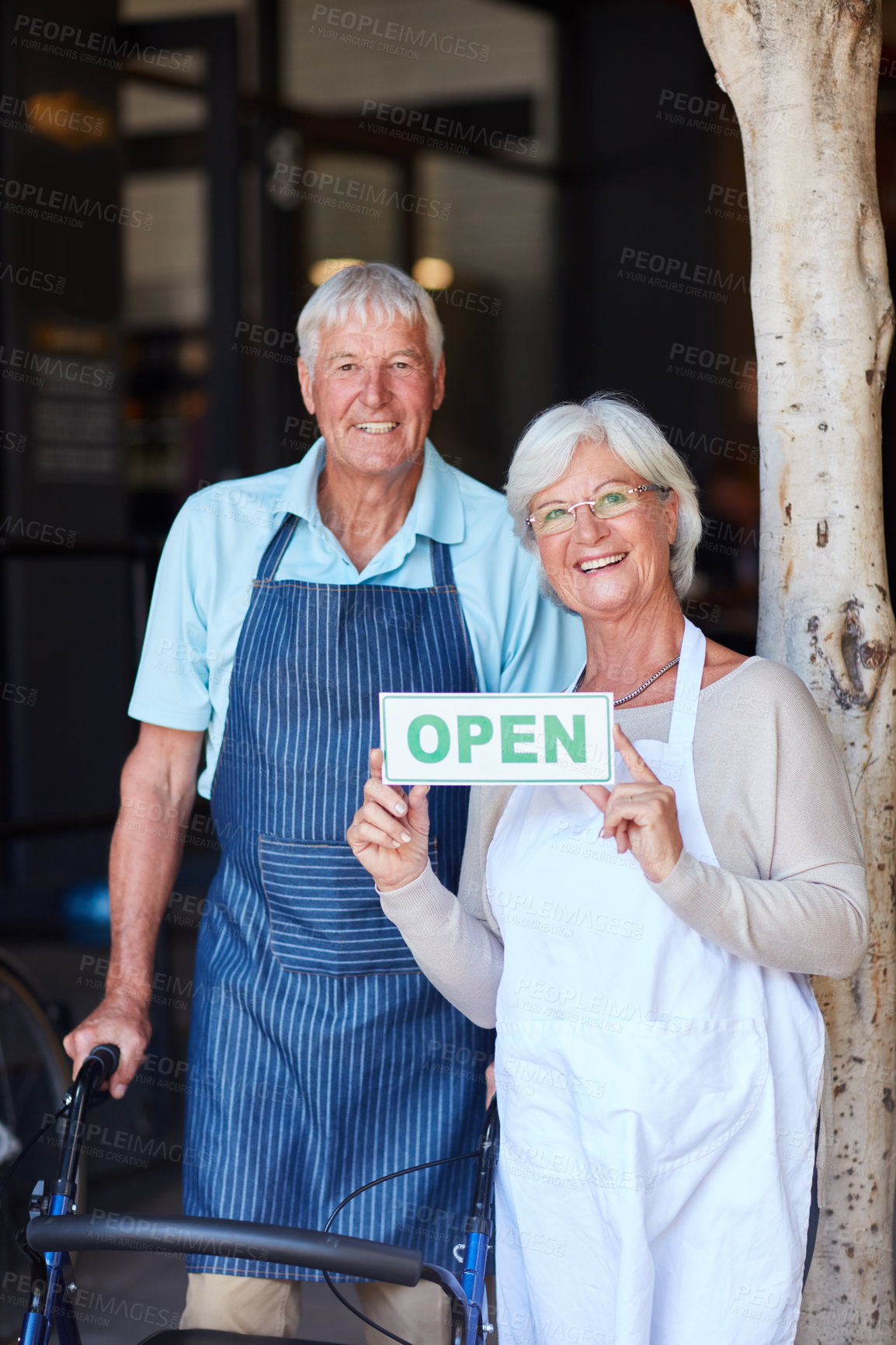 Buy stock photo Senior couple, small business and open sign portrait of person with disability at coffee shop opening. Working, management and proud elderly people with entrepreneur and cafe owner at restaurant