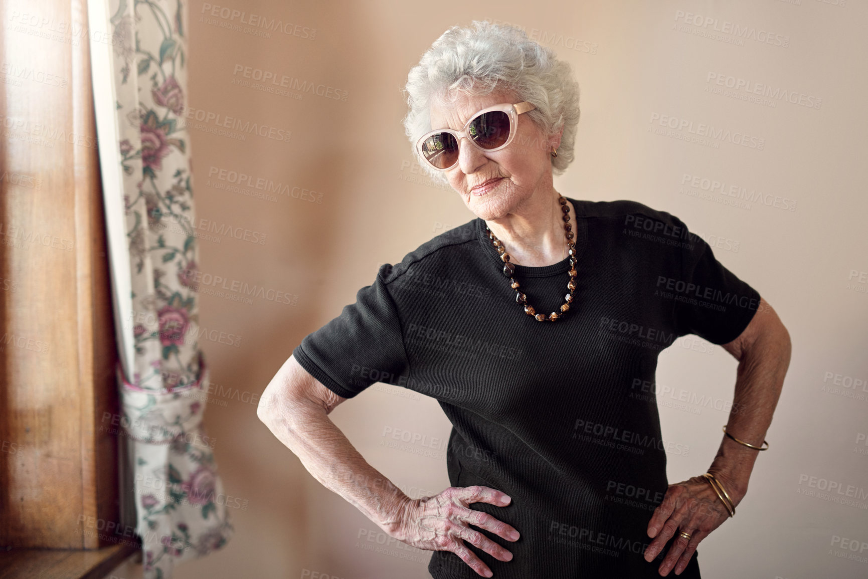 Buy stock photo Fashion, sunglasses and senior woman with attitude in retirement home for stylish, cool and unique fun aesthetic. House, trendy and proud elderly female model with designer grandma glasses