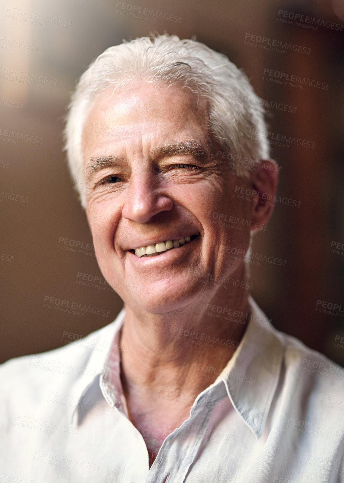 Buy stock photo Senior man, home and joy in portrait for retirement or pension to relax, break and chill. Elderly person, smile and confident or proud and satisfied with positivity as pensioner, cheerful and happy