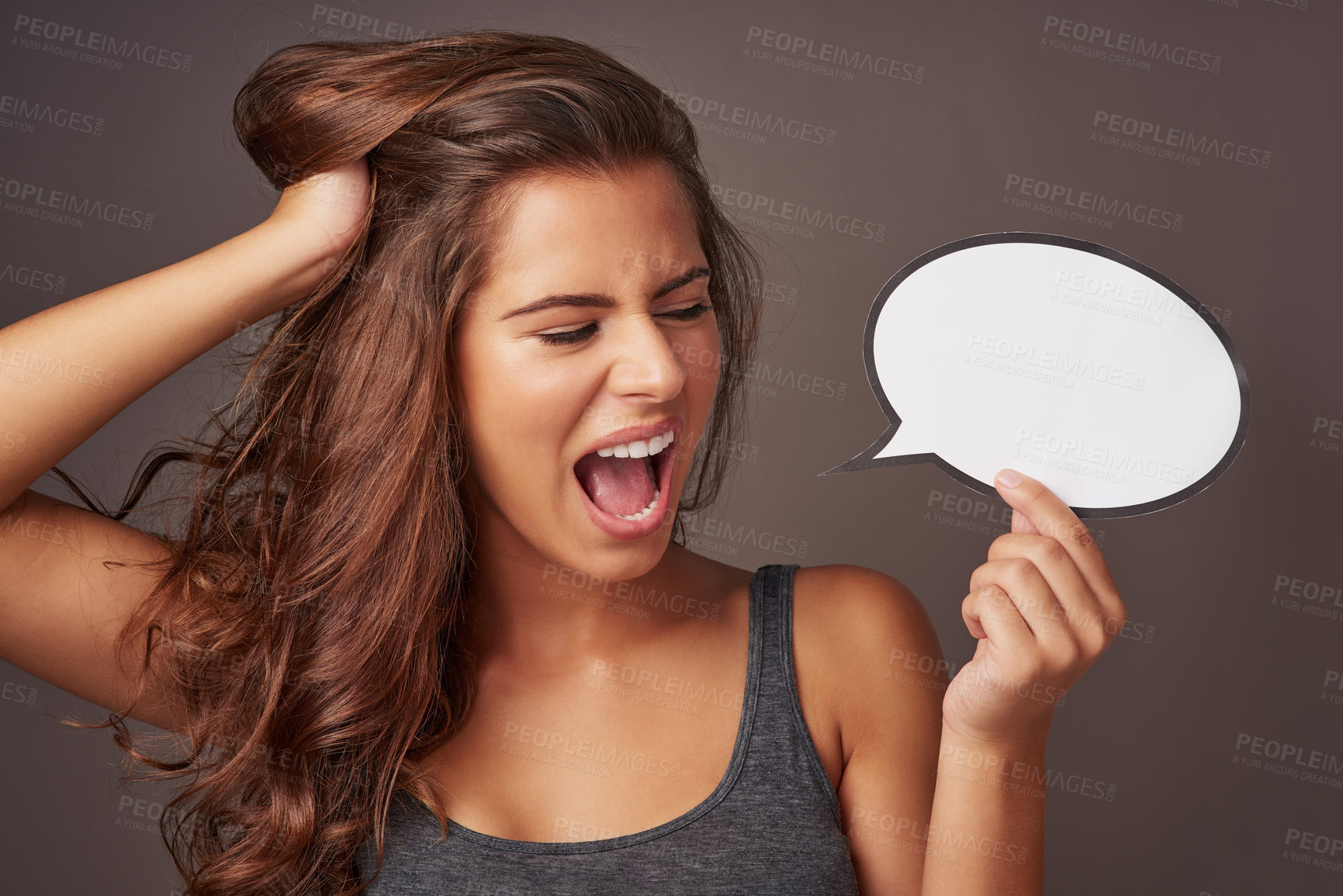 Buy stock photo Woman, shout and studio background with speech bubble for mockup space, idea for advertising or social media billboard. Female person, excited and empty sign for information, news or wow notification