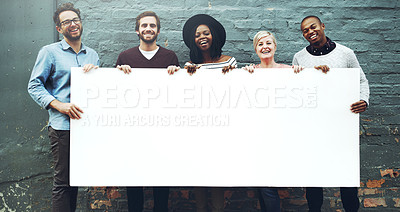 Buy stock photo Mockup, poster and group of business people with banner outdoor for advertising, portrait or company announcement. Collaboration, employees and empty billboard for marketing news or about us branding