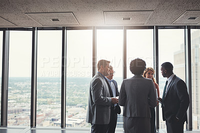 Buy stock photo Discussion, teamwork and business people in office for planning with company budget, revenue or profit. Meeting, collaboration and financial advisors group with  corporate stock investment strategy.