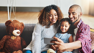 Buy stock photo Family, selfie and smile in house for happiness, social media and weekend together with teddy bear. Father, child and mother in home for internet post, memory and profile picture with bonding time