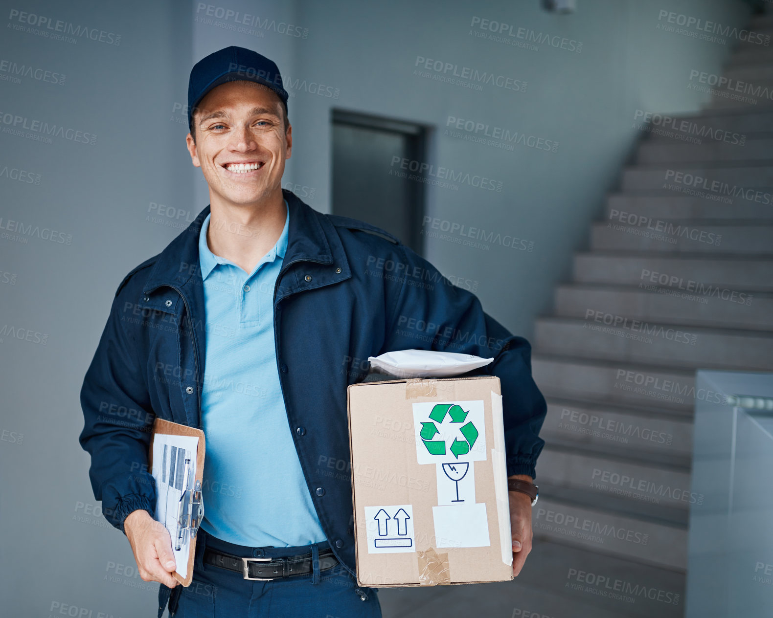 Buy stock photo Courier, portrait and smile with box, clipboard and ecommerce with package or cargo. Businessman, delivery man and shipping with logistics, parcel and supply chain for online retail and freight