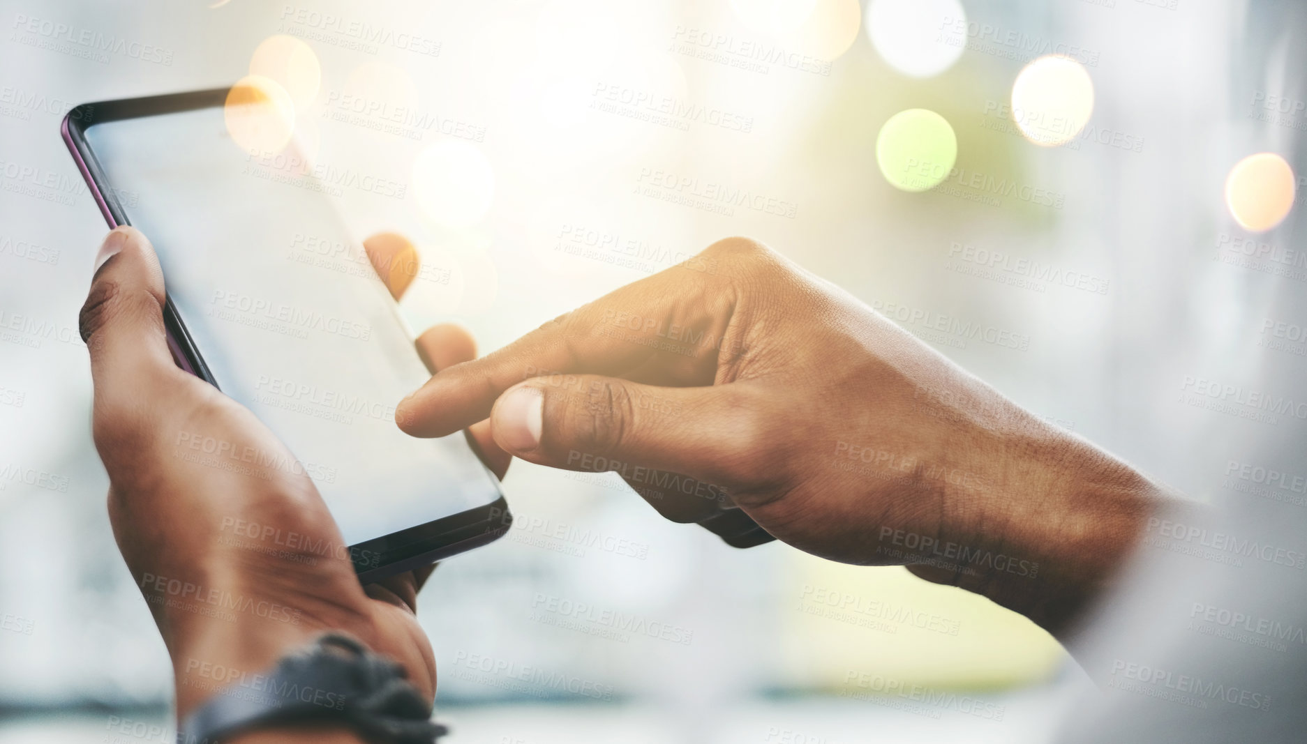 Buy stock photo Phone, screen and hands of person typing in office for email, contact or text on internet connection. Scroll, smartphone and consultant on mobile app for online chat, networking or post with bokeh