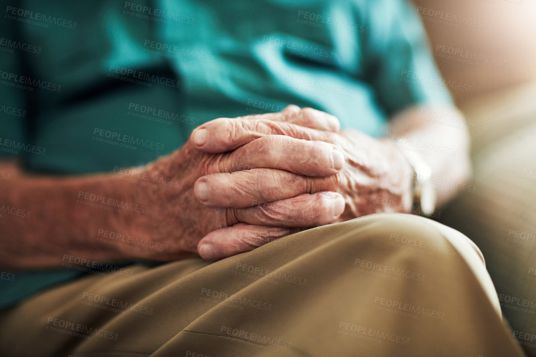 Buy stock photo Elderly person, relax and hands on knee with retirement, old age and support for care in nursing home. Senior man, skin wrinkles and fingers with arthritis symptoms, medical problem and joint pain