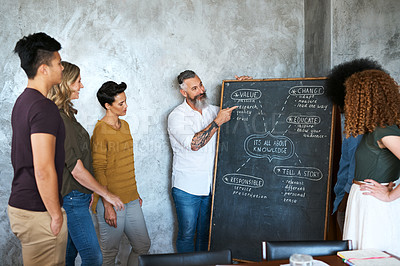 Buy stock photo Man, coach and chalk board in office for training, teaching and learning for skill or career development. People, employee and mentor or presenter at workshop with internship program for motivation