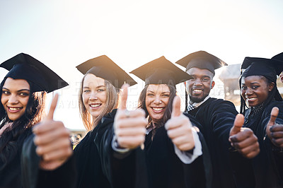 Buy stock photo Hat, group and portrait for graduation, thumbs up and outdoor with excitement and happiness for goal. Achievement, people and student in college, event and celebration for  education and graduate