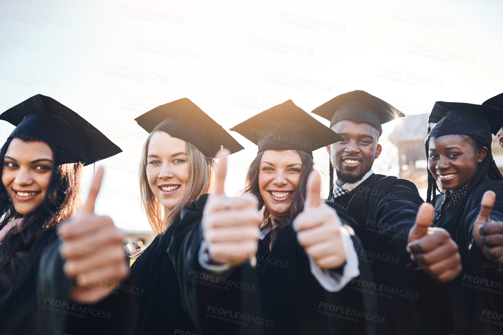 Buy stock photo Hat, group and portrait for graduation, thumbs up and outdoor with excitement and happiness for goal. Achievement, people and student in college, event and celebration for  education and graduate