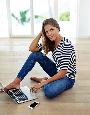 Buy stock photo Woman, living room and portrait on floor with laptop for internet browsing, e reading and remote work. Girl, freelancer and relax on ground with technology for writing blog, online and networking.