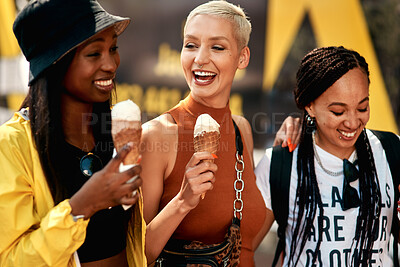 Buy stock photo Friends, women and laughing in city for ice cream with dessert, summer snack and funny conversation outdoor. Group, people and happy with cone for relax, bonding and comic gossip story in urban town