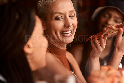 Buy stock photo Pizza, friends and women laugh with restaurant food at a cafe with dish order and lunch with conversation. Customer, dinner and happy people with bonding and smile at a diner with meal and takeaway