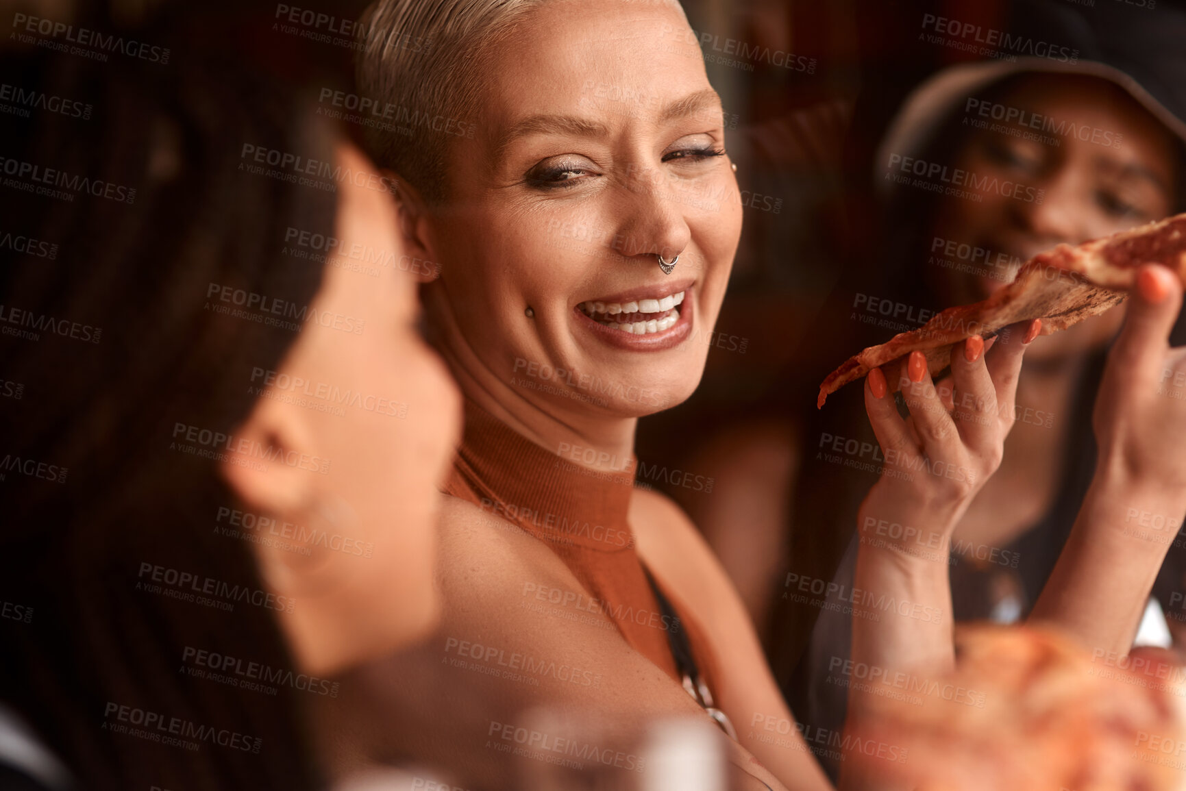 Buy stock photo Pizza, friends and women laugh with restaurant food at a cafe with dish order and lunch with conversation. Customer, dinner and happy people with bonding and smile at a diner with meal and takeaway