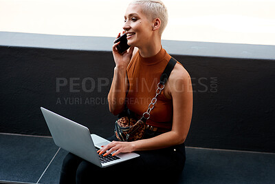 Buy stock photo Woman, phone call and laptop as freelance graphic designer or outdoor networking, project planning or remote work. Female person, communication and email in city for report proposal, deal or review