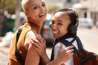 Buy stock photo Friends, girls and portrait in city with laughing for bonding, funny joke and streetwear with bags on sidewalk in road. People, women and face in town with edgy style, trendy clothes and confidence