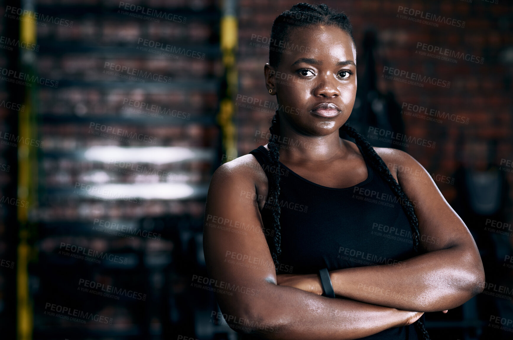 Buy stock photo Black woman, portrait and gym for fitness, training and confidence for sports workout. Serious, bodybuilder and cardio for body health and wellness, active and challenge for African person in studio