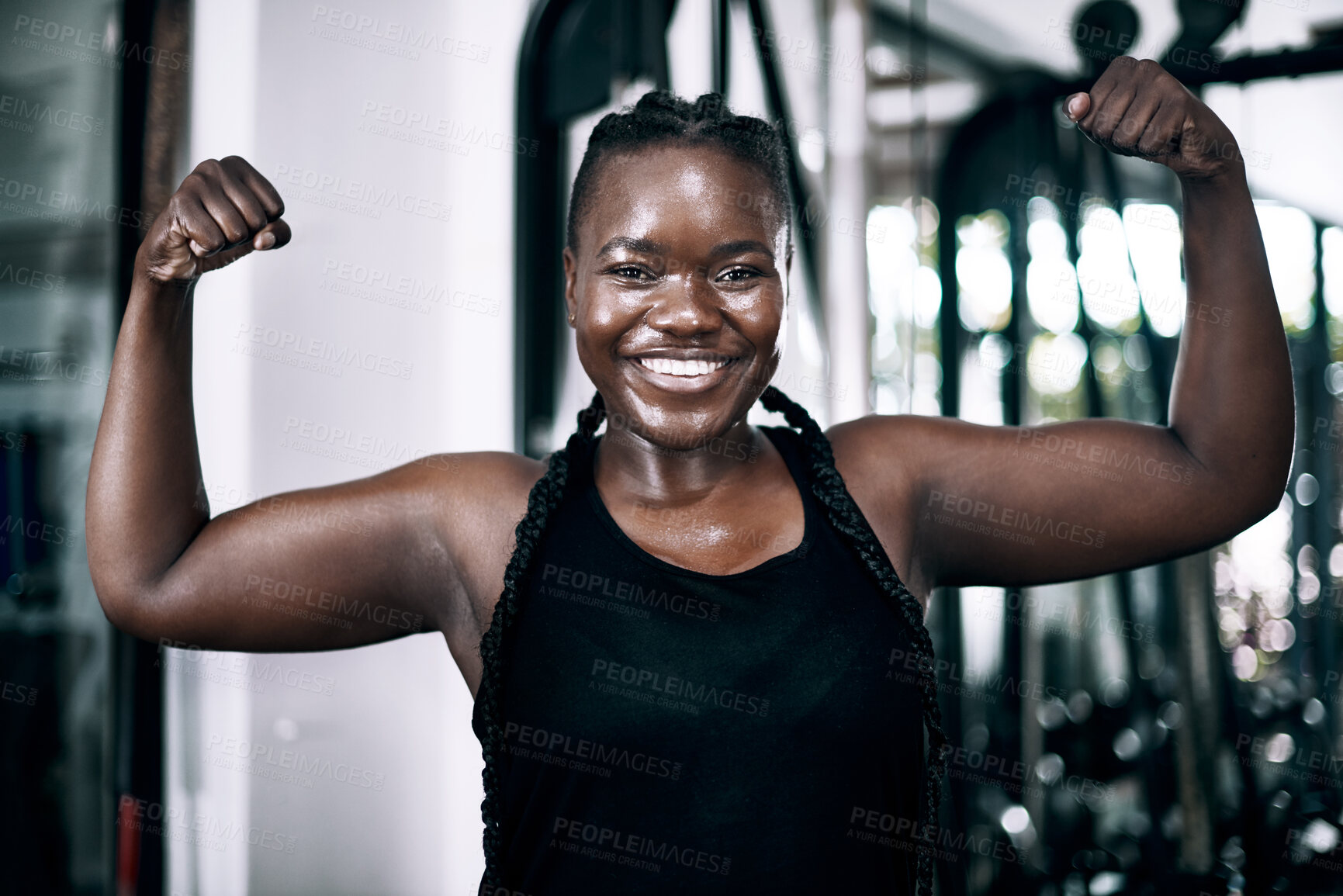 Buy stock photo Black woman, portrait and muscle for fitness, arms and confidence for sports workout. Smile, bodybuilder and cardio for body health with flex, active and challenge for African person in studio