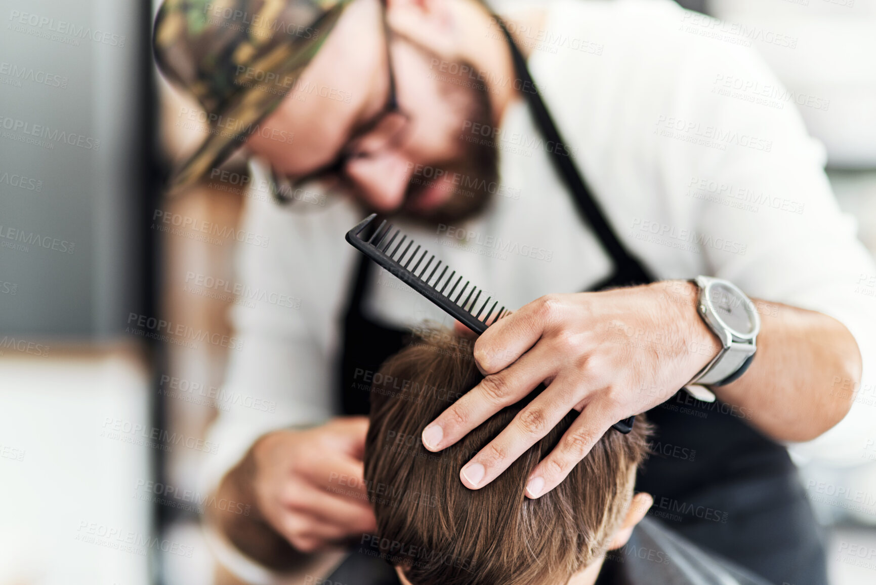 Buy stock photo Barbershop, man and child hair care with comb and hairdresser treatment at salon with barber. Kid, client and service with professional and entrepreneur work on haircut and customer styling job