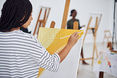 Buy stock photo Woman, artist and painting easel in workshop for art therapy or watercolor process, paintbrush or hobby. Female person, student and creativity class or project for inspiration, learning or picture