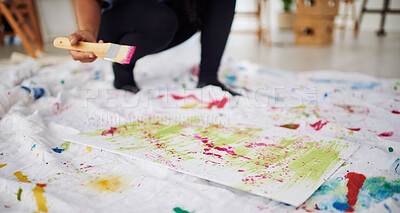 Buy stock photo Floor, mess and hands with paper, painting and artist with brush for artwork, creative and art. Home, person and watercolor for supplies, painter and talent in apartment, palette and inspiration