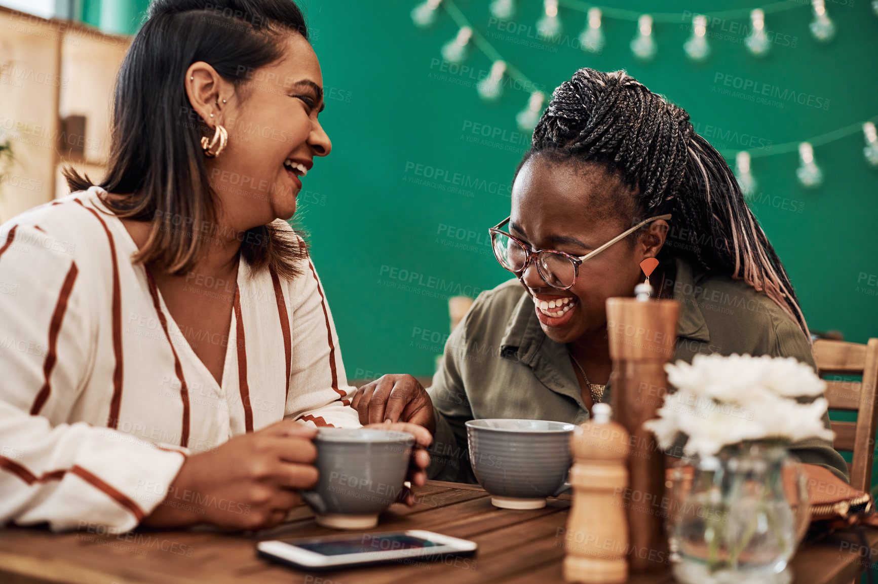 Buy stock photo Coffee shop, friends and women laughing for joke, discussion and funny conversation in cafe. Connection, female people and together in restaurant for communication, support and gossip or reunion