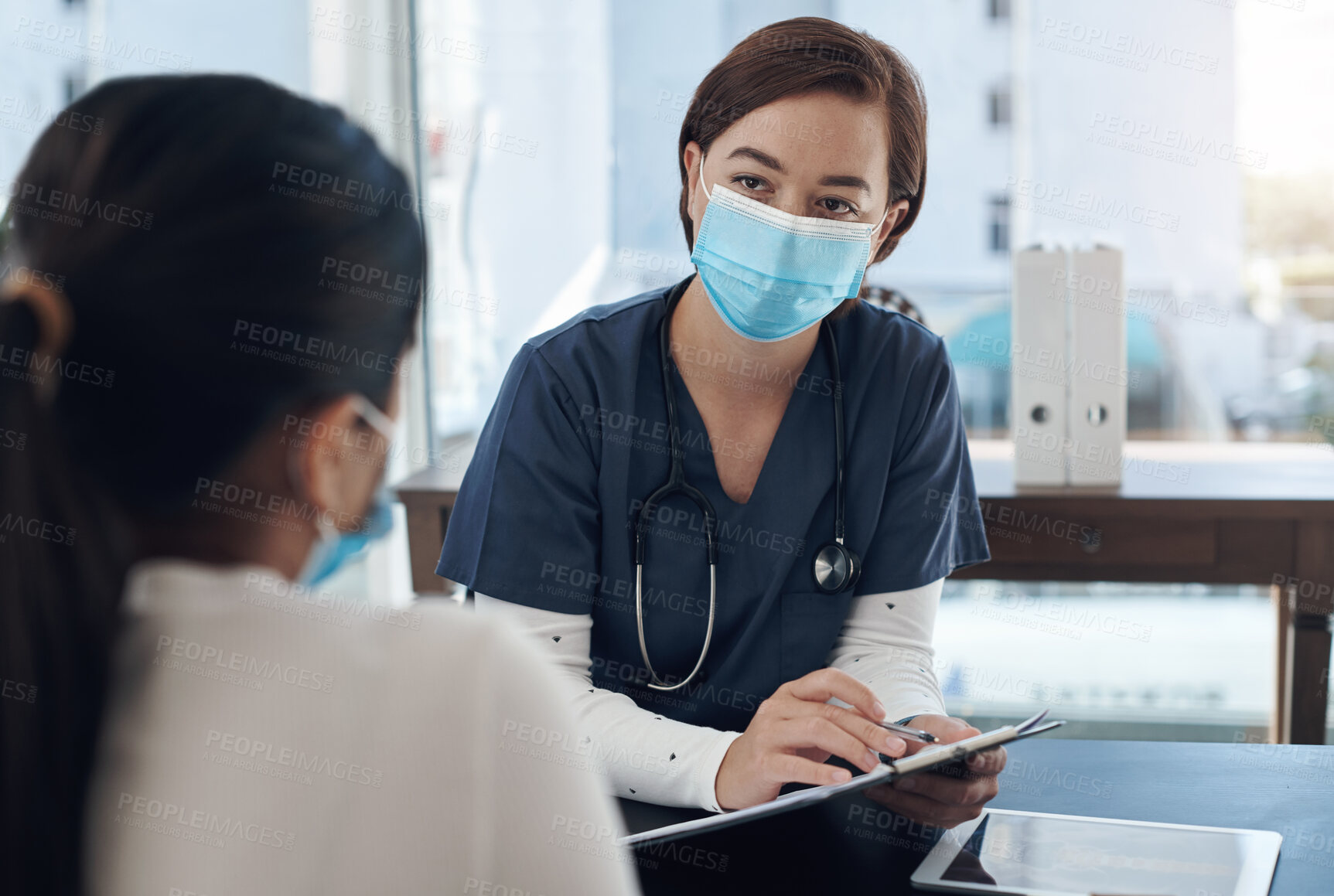 Buy stock photo Tablet, woman and doctor for patient with office, hospital and diagnosis or treatment research. Digital technology, healthcare or medical worker with mask, consultation and clinic for symptom checkup