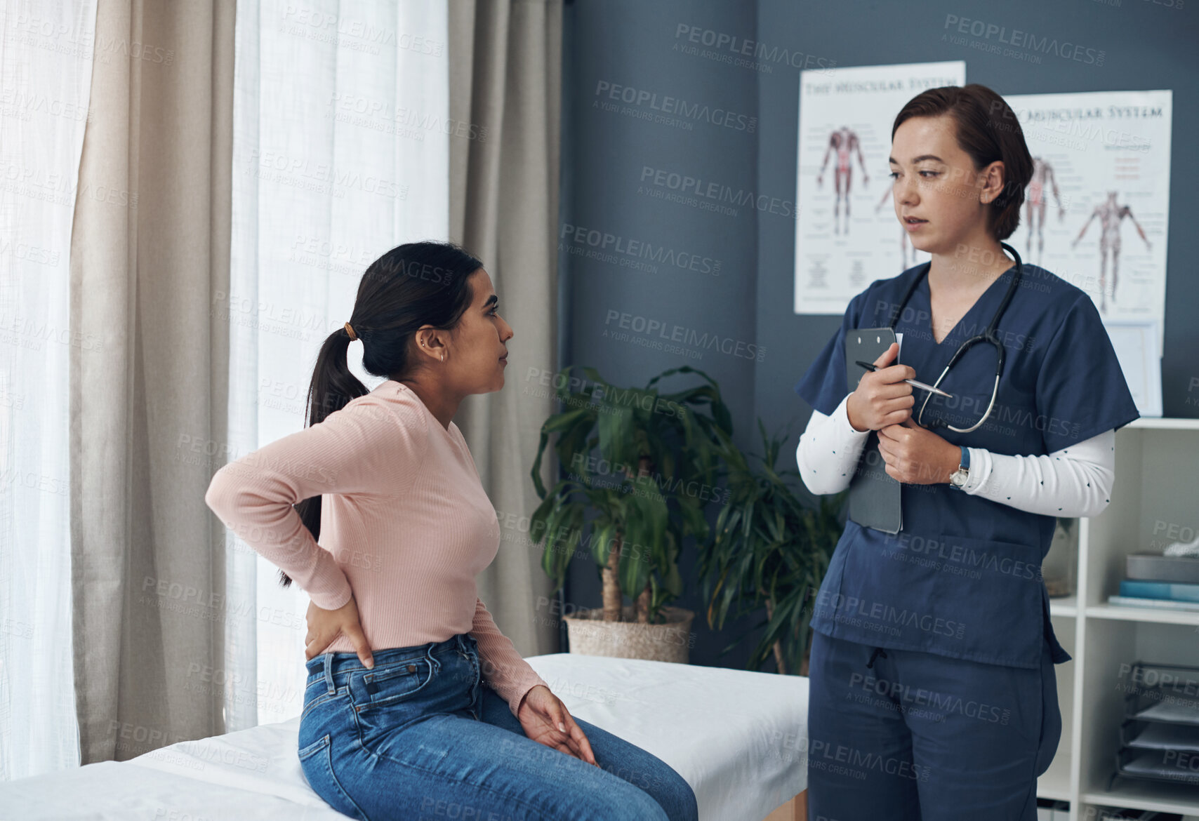 Buy stock photo Hospital, female nurse and discussion for consultation with patient, results and diagnosis update. Healthcare, woman and medical employee with conversation for information, prescription and exam