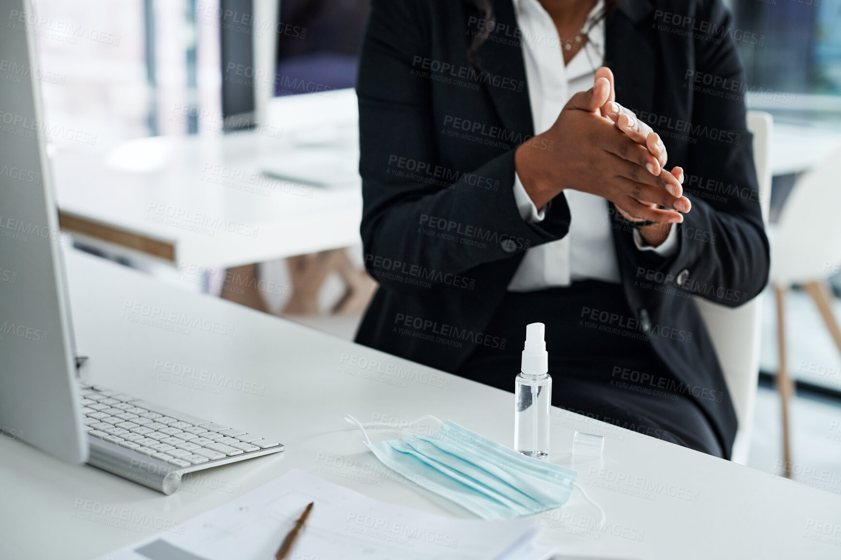 Buy stock photo Hands, sanitizer and business with person, hygiene and cleaning with bacteria, compliance and remove dirt. Closeup, agent and employee with covid policy, disinfectant and virus protection in office