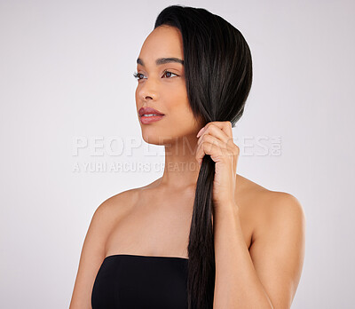 Buy stock photo Hair care, thinking and woman with salon in studio for growth, keratin treatment or shampoo glow on white background. Hairstyle, aesthetic and hand of model for confidence, cosmetics or texture