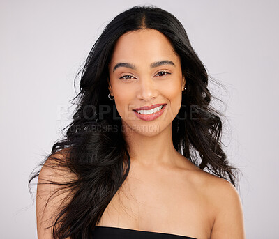 Buy stock photo Portrait, hair care and woman with smile in studio for salon, skincare and beauty on white background. Beautician, happy and style with makeup for glow, luxury and natural treatment for curls