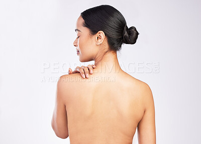 Buy stock photo Studio, woman and bare back with skincare or wellness isolated on white background with glowing skin. Hydration, hands and dermatology with healthy body for shine with natural treatment in Sweden.