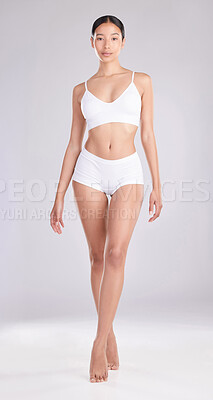 Buy stock photo Asian woman, portrait and confident on underwear in studio on white background for body positivity. Female person, skin and empowerment for fitness with self care, wellness and wellbeing with health