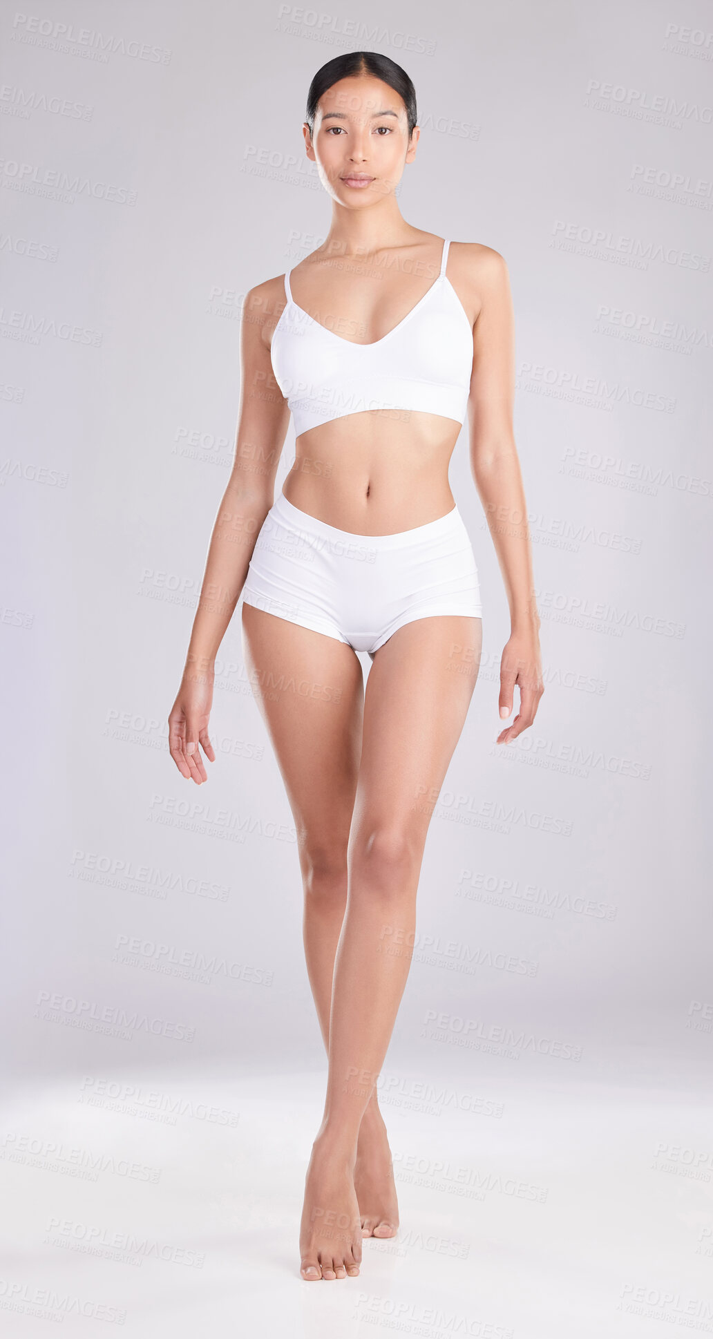 Buy stock photo Asian woman, portrait and confident on underwear in studio on white background for body positivity. Female person, skin and empowerment for fitness with self care, wellness and wellbeing with health