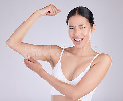 Buy stock photo Arm, muscle and portrait of woman in studio for weight loss, body progress and healthy diet. Surprised, person and happy with self care for transformation, results and pride on white background