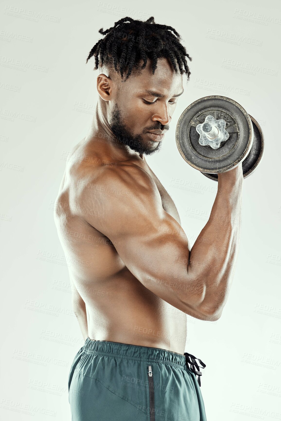 Buy stock photo Studio, fitness and black man with dumbbells, strong and muscle of athlete, abs and exercise for wellness. White background, equipment and bodybuilder in workout, lifting or practice of person in gym