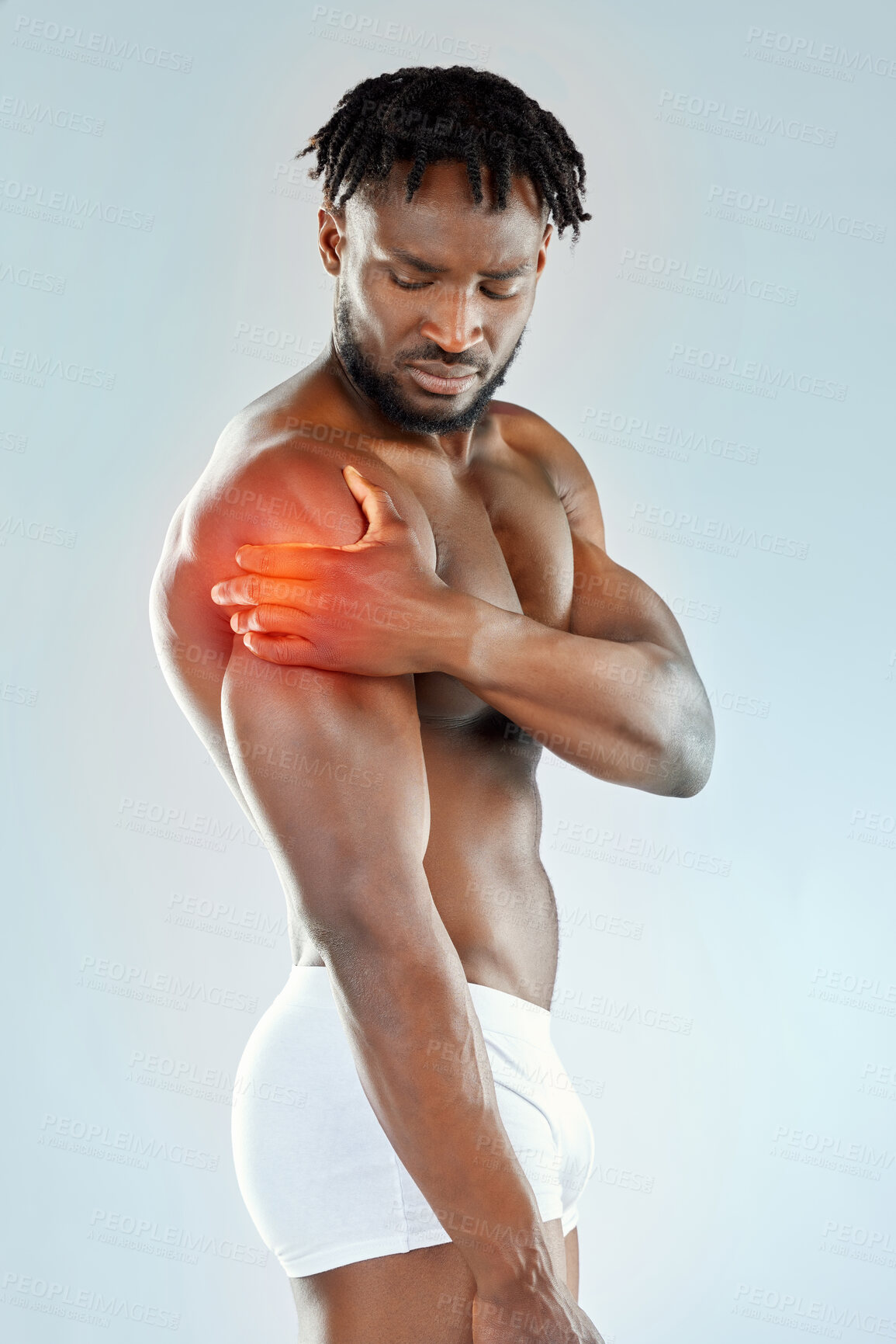 Buy stock photo Man, hand and body with arm pain in studio for exercise accident, tension and injury in workout. Bodybuilder, overlay and inflammation on white background for training, muscle strain and pressure