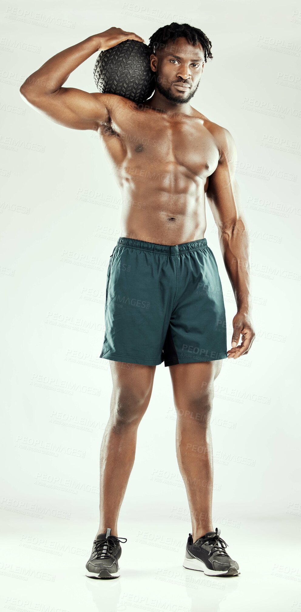 Buy stock photo Portrait, black man and athlete in studio with medicine ball, health and recovery or equipment for body wellness. Training, workout and exercise for fitness, gym challenge and white background