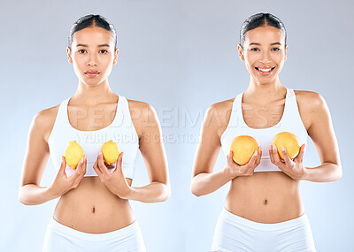 Buy stock photo Studio, portrait and woman with fruits for fitness, wellness and nutrition for healthy diet. Collage, female model or choice for lemon, orange and organic product with vitamin C by white background