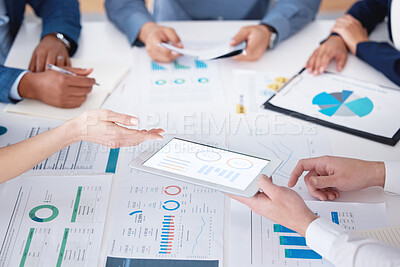 Buy stock photo Meeting, documents and business people hands with tablet for teamwork, data analysis for project feedback. Paperwork, employees and tech screen with infographic for sales, statistics in office