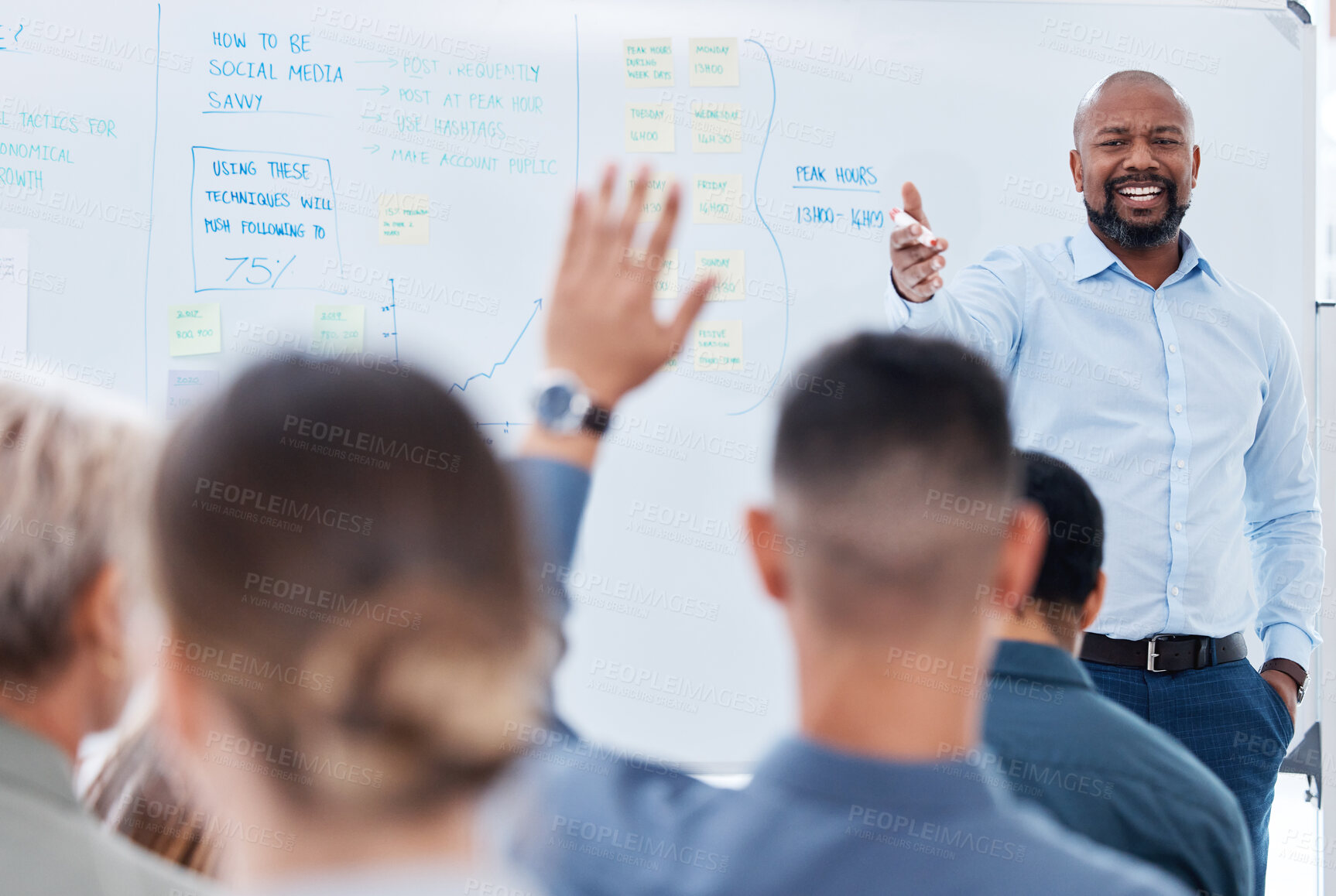 Buy stock photo Whiteboard, question and black man with presentation for business workshop and proposal discussion in office. African mentor, male person and seminar for employee training with answer or information