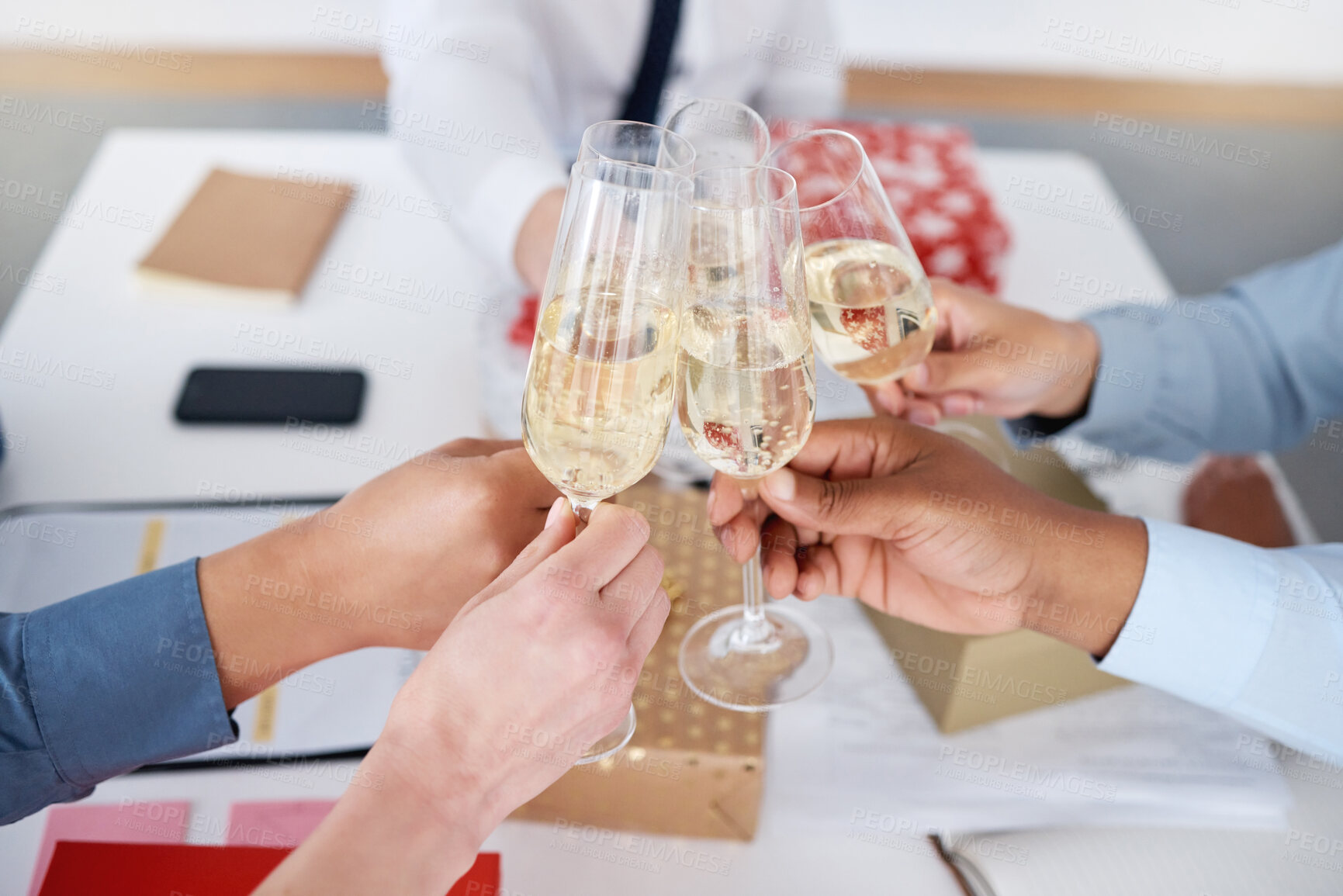 Buy stock photo Christmas, hands and business people with toast in office with champagne and team celebration for winning award. Festive season, work break and staff party with alcohol glass for cheers together