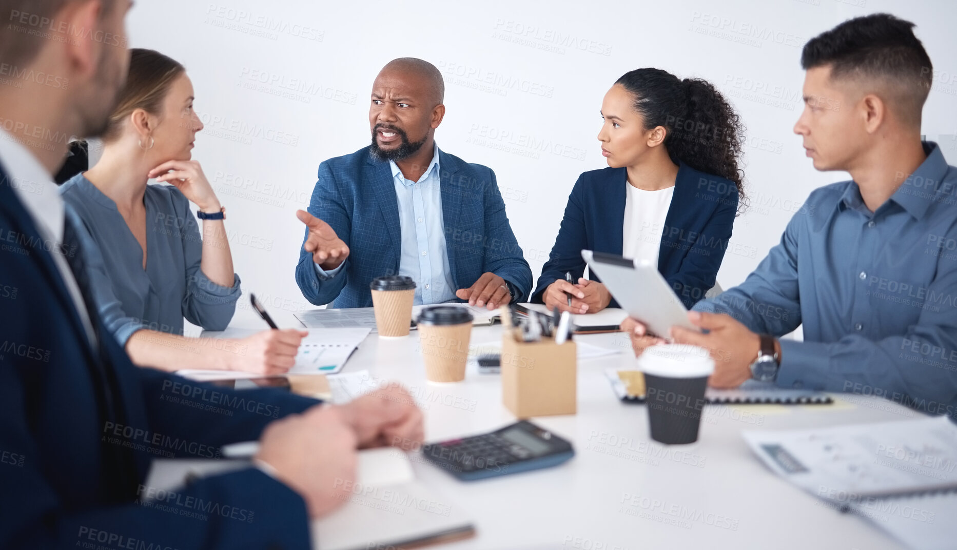 Buy stock photo Business people, discussion and meeting in office with teamwork and planning strategy for sales goals. Marketing staff, frustrated and conversation for brainstorming workshop with project mistake