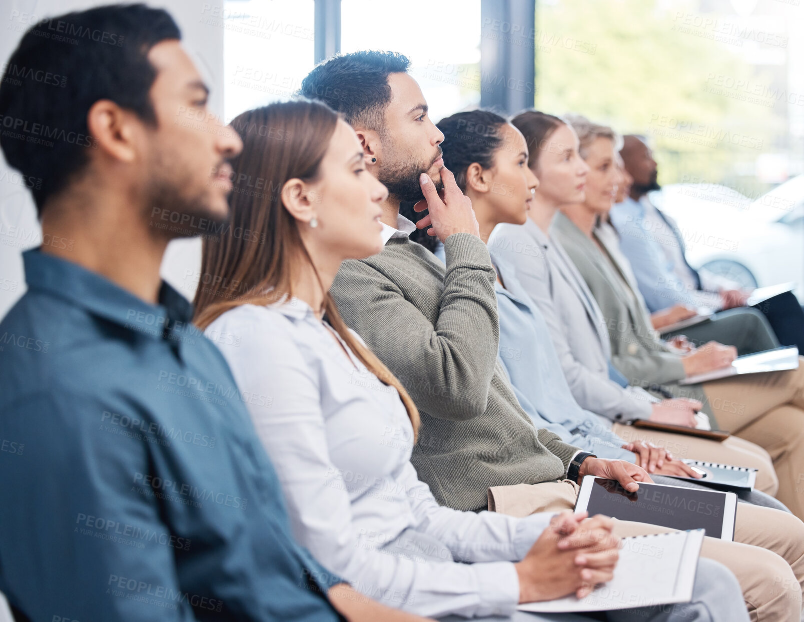 Buy stock photo Meeting, listening and group of business people in office for presentation with attention and training seminar. Speech, audience and employee diversity in workshop together for education and learning