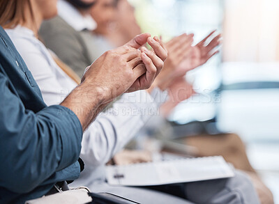 Buy stock photo Business people, hands and presentation applause for celebration solidarity, target or audience. Crowd, clapping and row for conference unity or goals support at event meeting, team or achievement