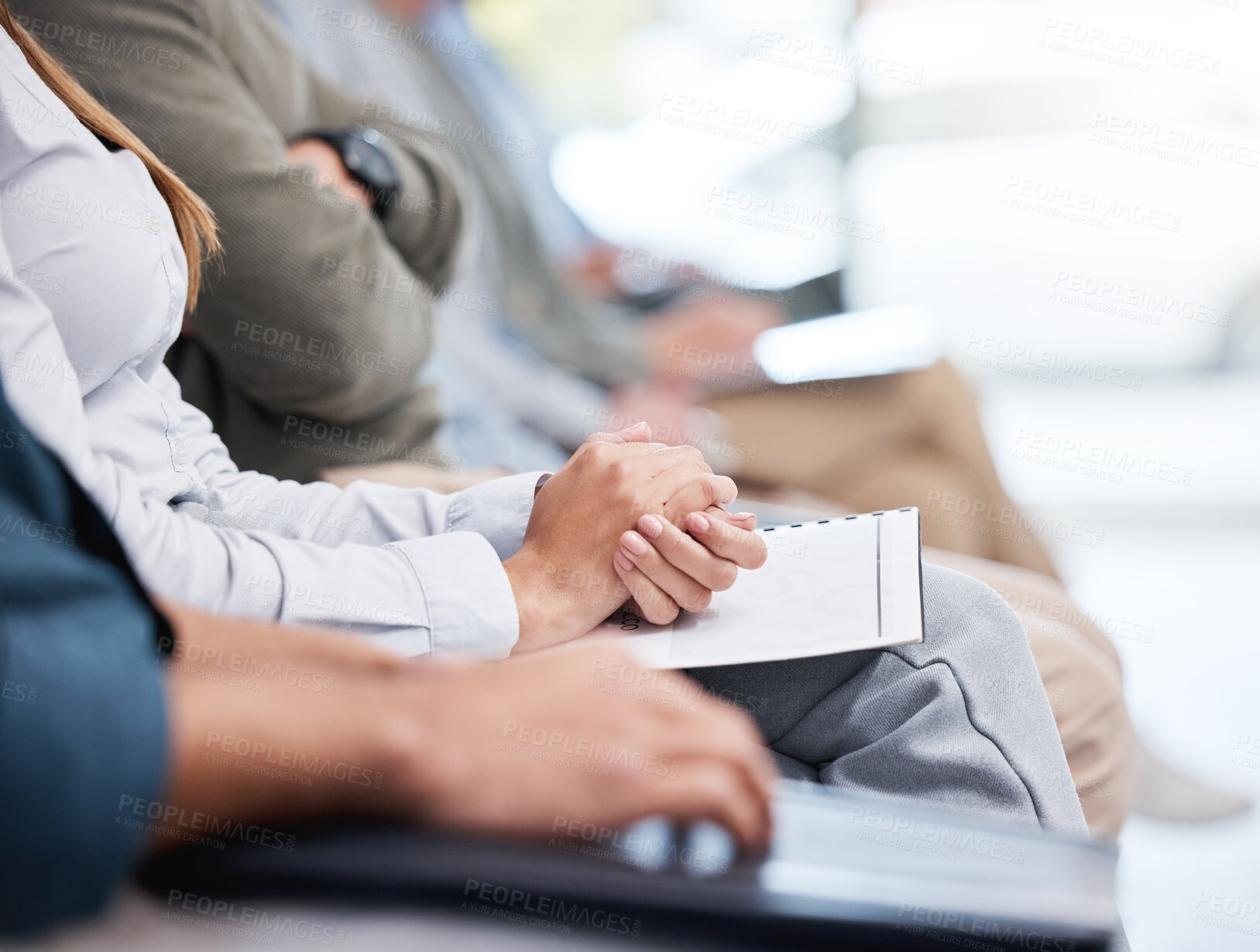 Buy stock photo Hands, business people and sitting in row at conference for presentation attention and seminar in office. Meeting, diversity and audience listening to speech in workshop for education and learning