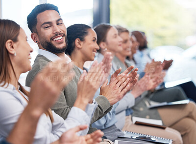 Buy stock photo Business people, group smile and applause in office for presentation success with solidarity celebration and team achievement. Corporate staff, support and clapping for goals target and winning award