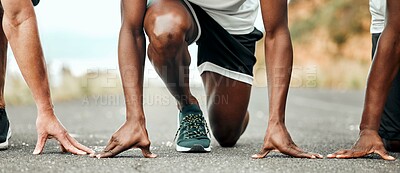 Buy stock photo Fitness, running and start with race of people on road for cardio, marathon or sprint competition. Feet, hands and mark with runner group on asphalt street for beginning of challenge or contest